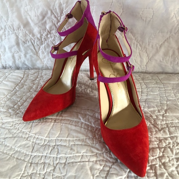 Jessica Simpson Shoes - Jessica Simpson red &fuchsia heels size 7 zippers